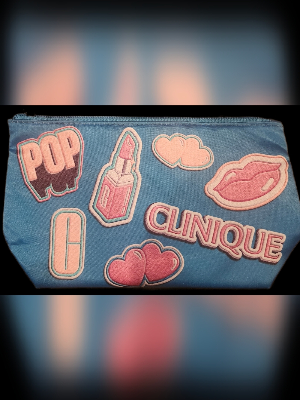 Clinique Blue Cosmetic Pouch with Pink Patch Art